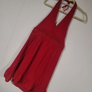 Boho Revival, Country Chic Red Cotton Halter Dress With Peakaboo Waistband.